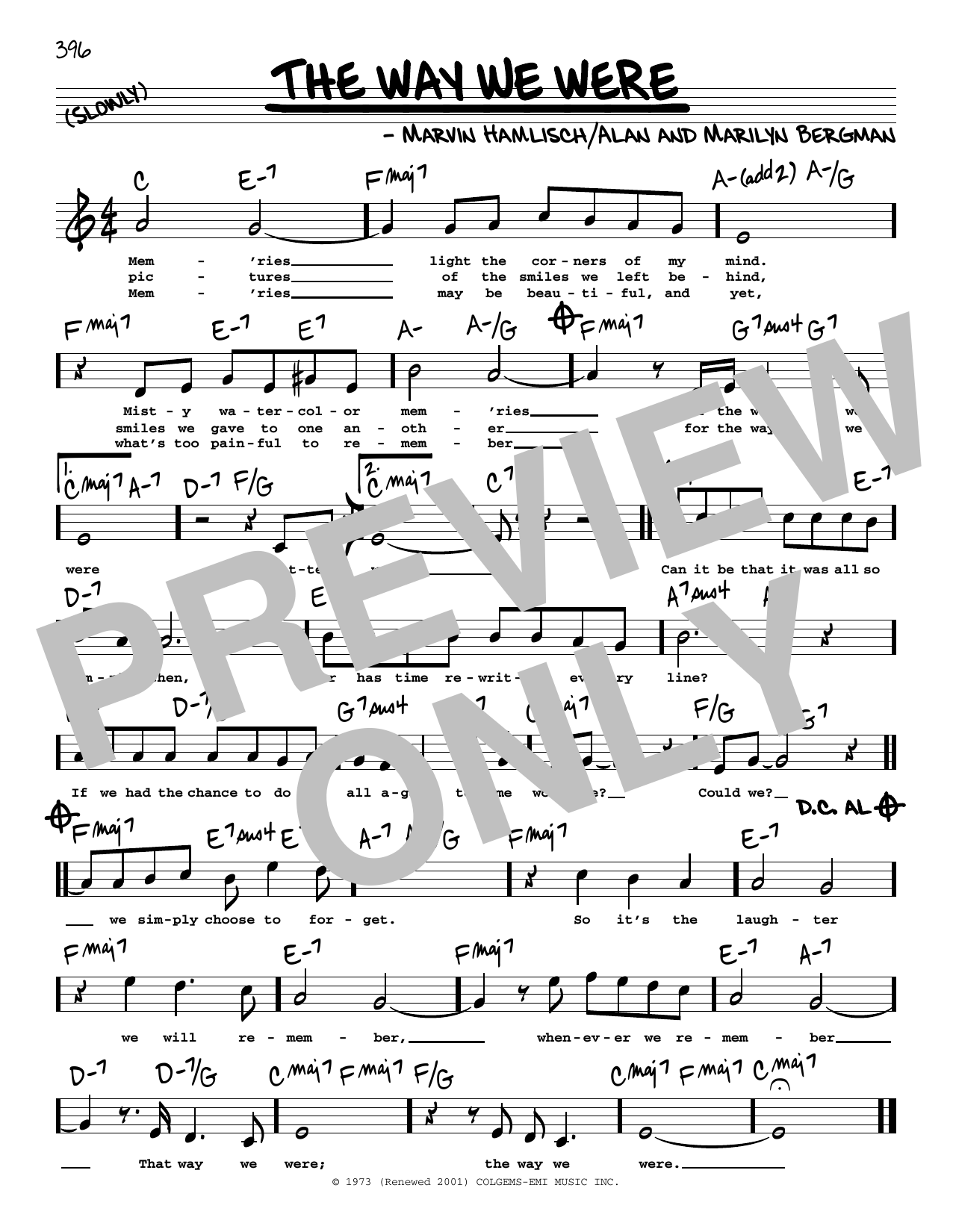 Barbra Streisand The Way We Were (High Voice) sheet music notes and chords arranged for Real Book – Melody, Lyrics & Chords