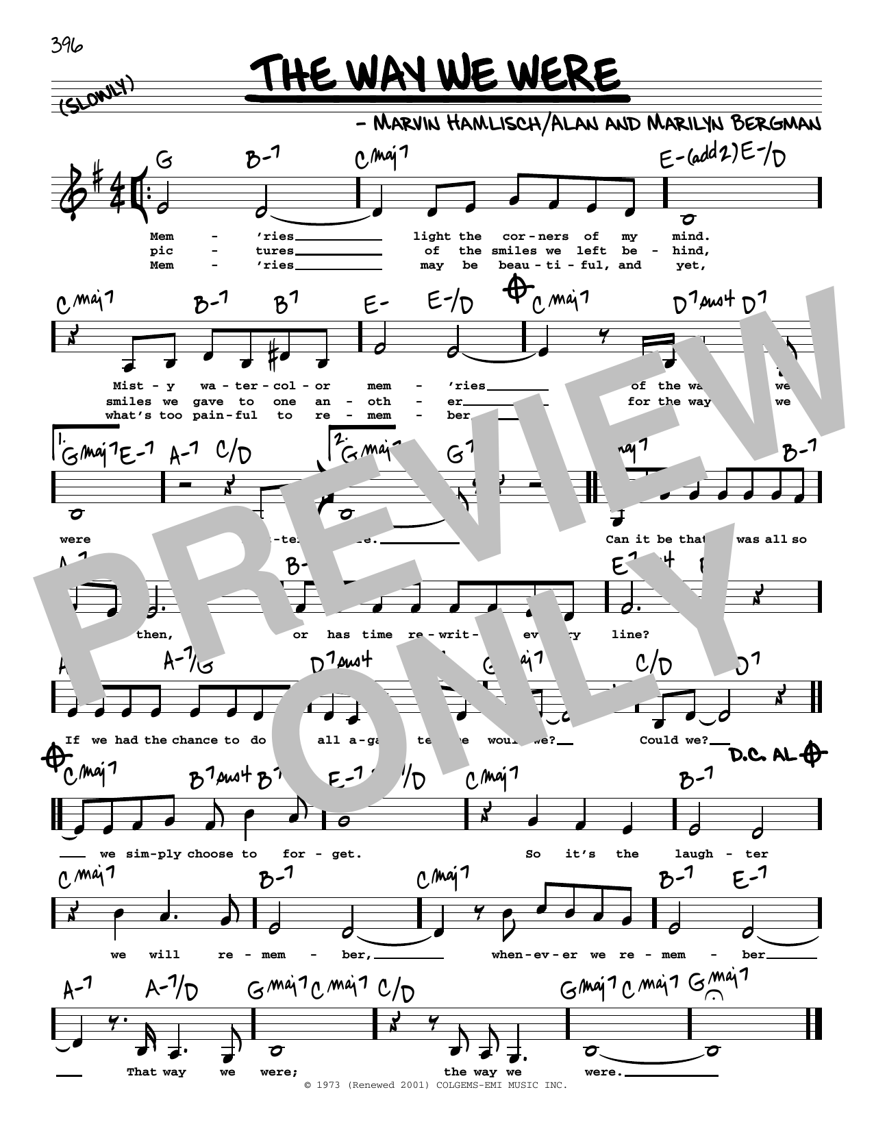 Barbra Streisand The Way We Were (Low Voice) sheet music notes and chords arranged for Real Book – Melody, Lyrics & Chords