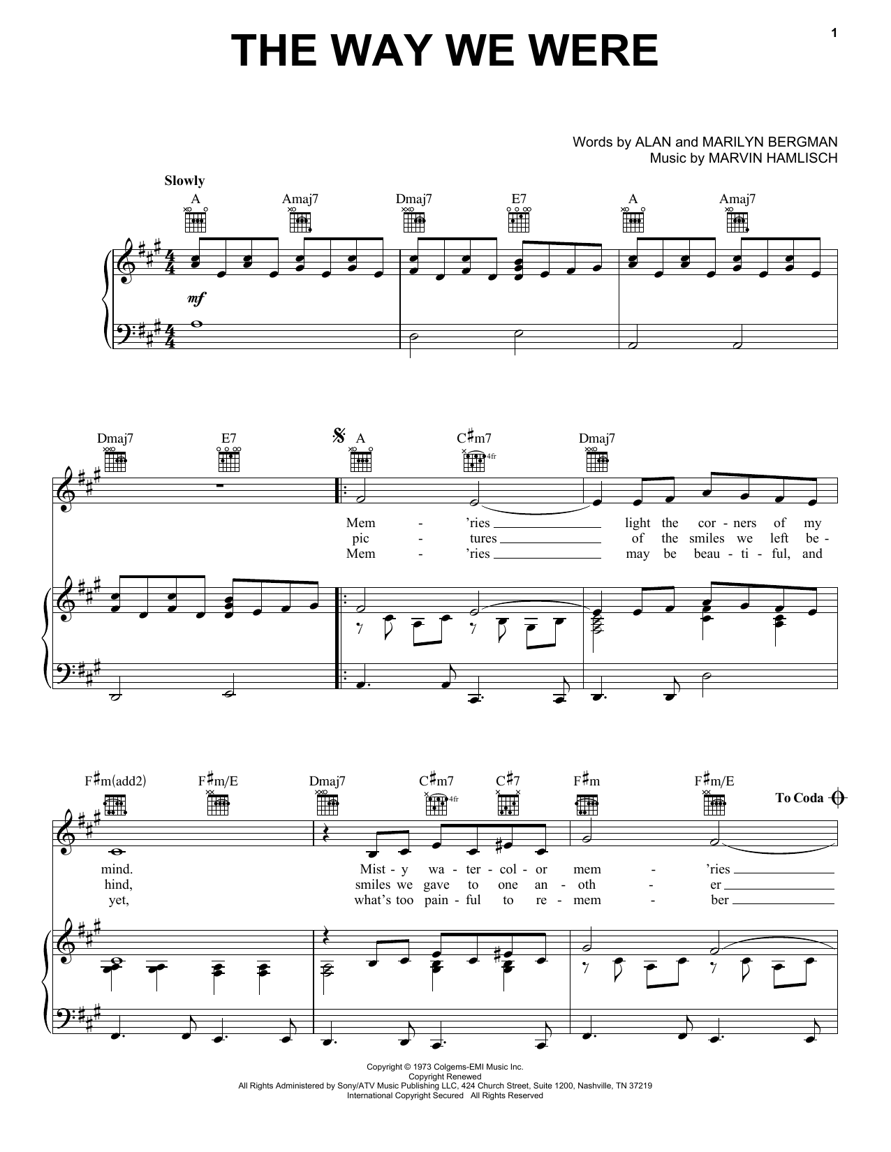 Barbra Streisand The Way We Were sheet music notes and chords arranged for Piano Solo