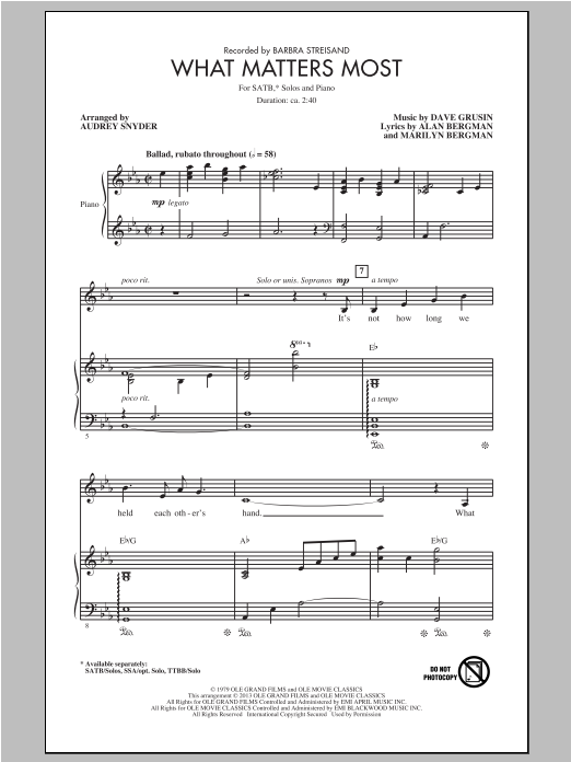 Barbra Streisand What Matters Most sheet music notes and chords arranged for Choir