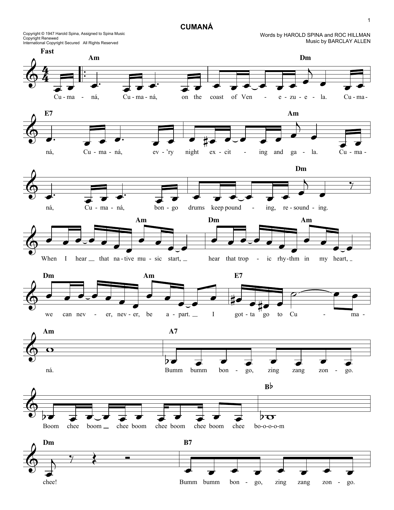 Barclay Allen Cumana sheet music notes and chords arranged for Marimba Solo