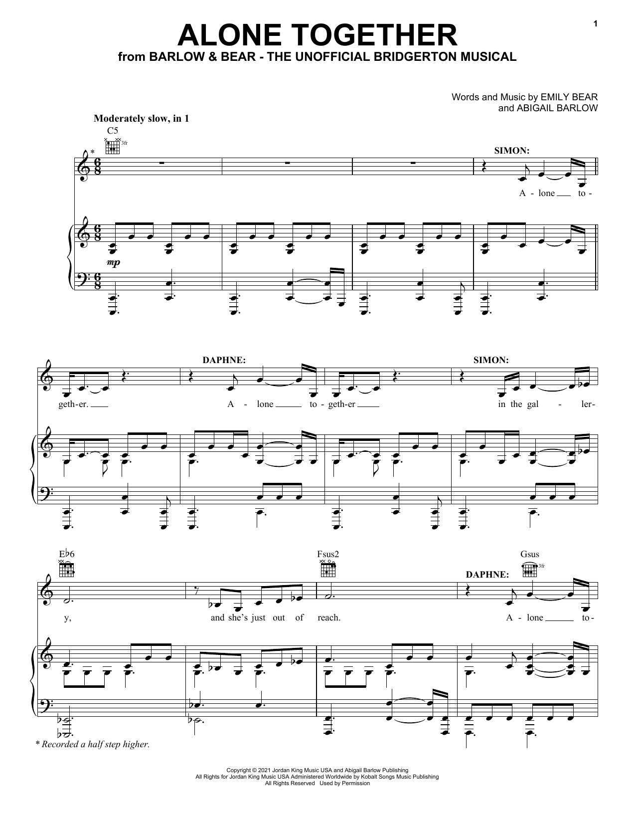 Barlow & Bear Alone Together (from The Unofficial Bridgerton Musical) sheet music notes and chords arranged for Easy Piano