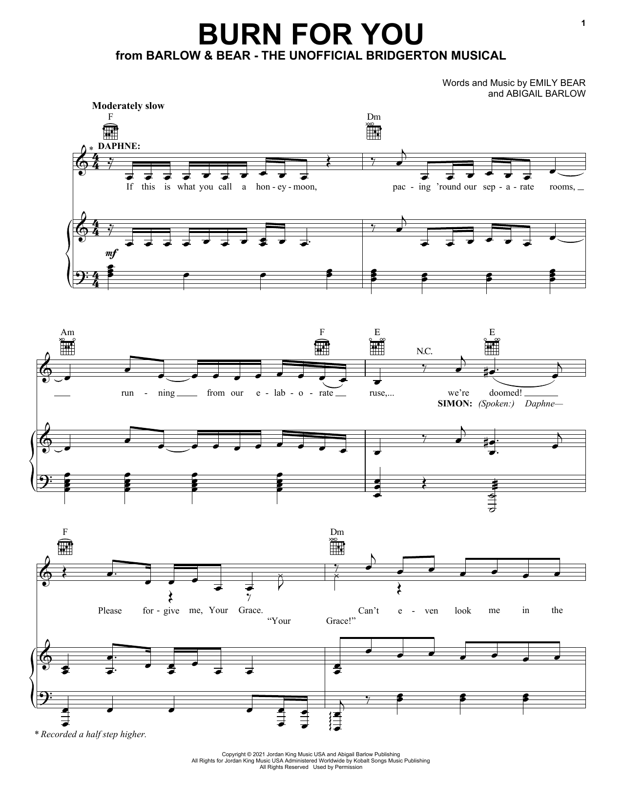 Barlow & Bear Burn For You (from The Unofficial Bridgerton Musical) sheet music notes and chords arranged for Piano, Vocal & Guitar Chords (Right-Hand Melody)