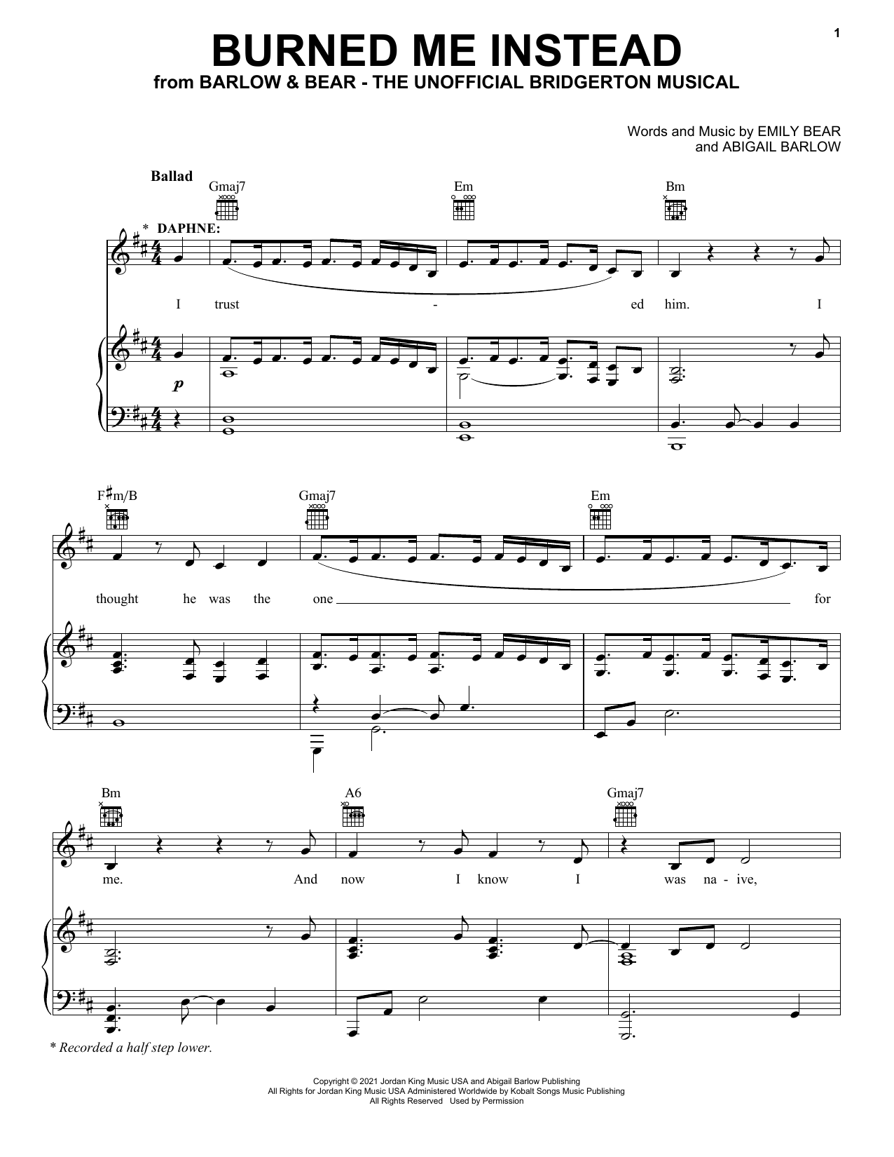 Barlow & Bear Burned Me Instead (from The Unofficial Bridgerton Musical) sheet music notes and chords arranged for Piano, Vocal & Guitar Chords (Right-Hand Melody)