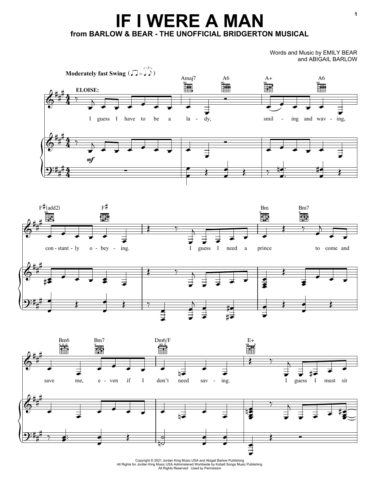 Barlow & Bear If I Were A Man (from The Unofficial Bridgerton Musical) sheet music notes and chords arranged for Piano, Vocal & Guitar Chords (Right-Hand Melody)