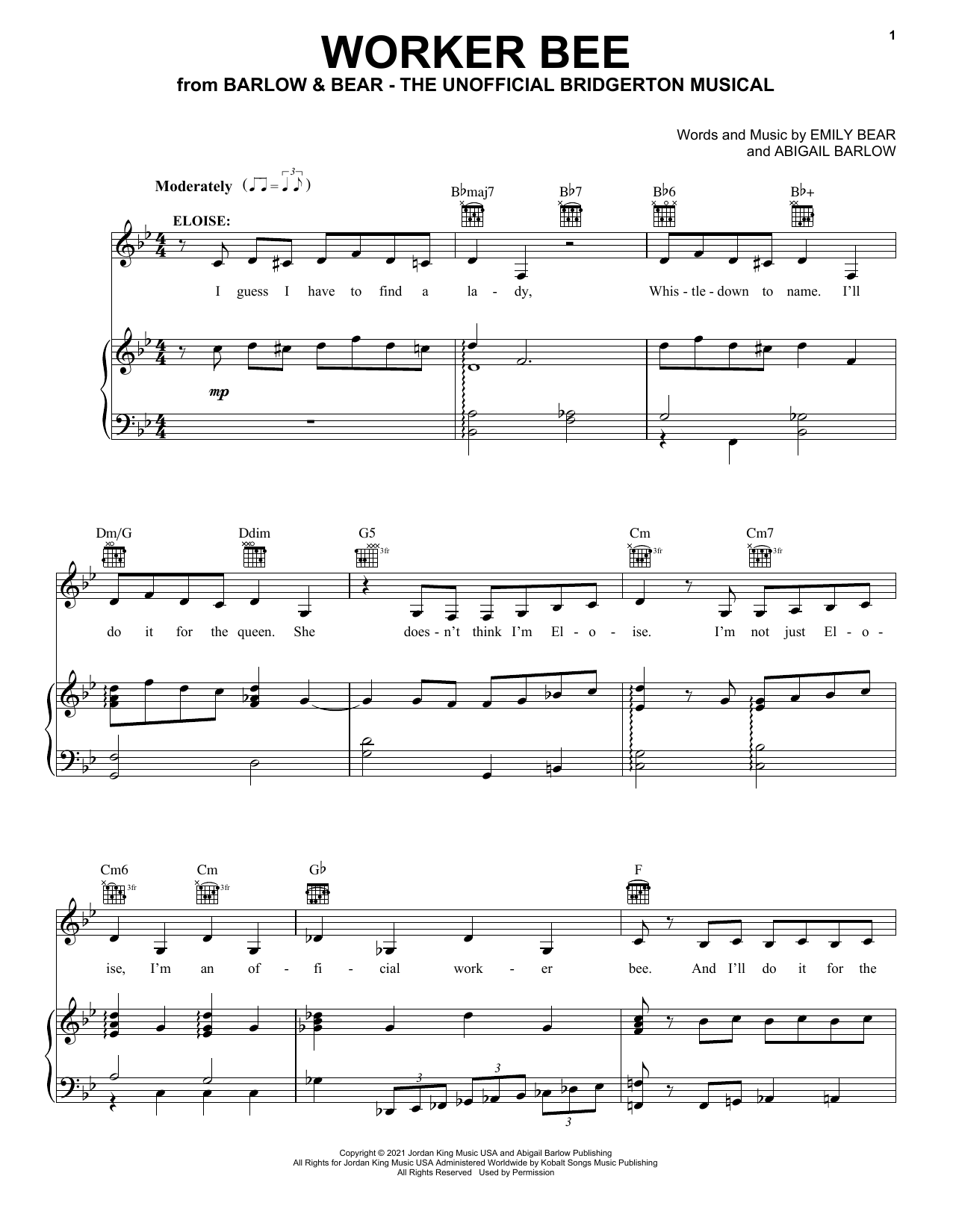 Barlow & Bear Worker Bee (from The Unofficial Bridgerton Musical) sheet music notes and chords arranged for Piano, Vocal & Guitar Chords (Right-Hand Melody)