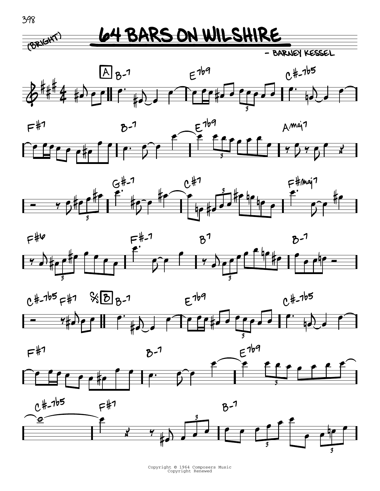 Barney Kessel 64 Bars On Wilshire sheet music notes and chords arranged for Real Book – Melody & Chords