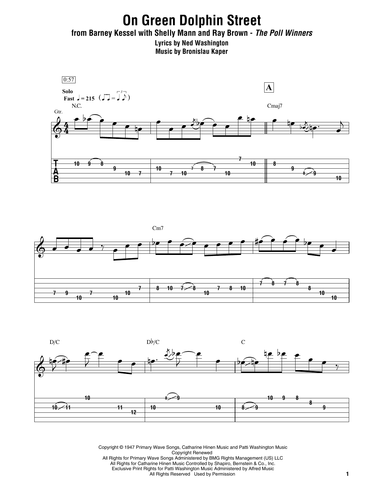 Barney Kessel, Shelly Mann and Ray Brown On Green Dolphin Street sheet music notes and chords arranged for Electric Guitar Transcription