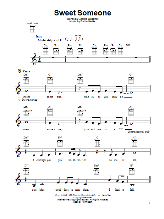 Baron Keyes Sweet Someone sheet music notes and chords arranged for Ukulele Chords/Lyrics