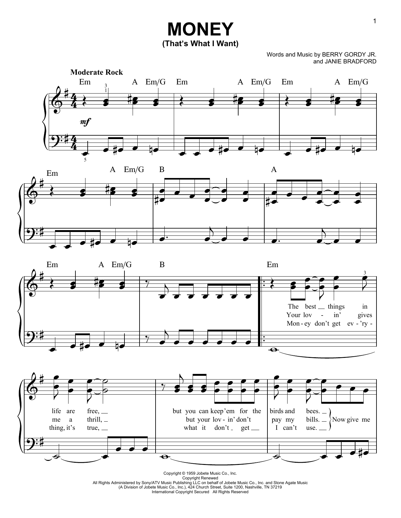Barrett Strong Money (That's What I Want) sheet music notes and chords arranged for Lead Sheet / Fake Book