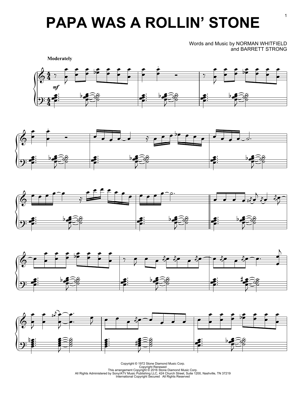 Barrett Strong Papa Was A Rollin' Stone [Jazz version] sheet music notes and chords arranged for Piano Solo
