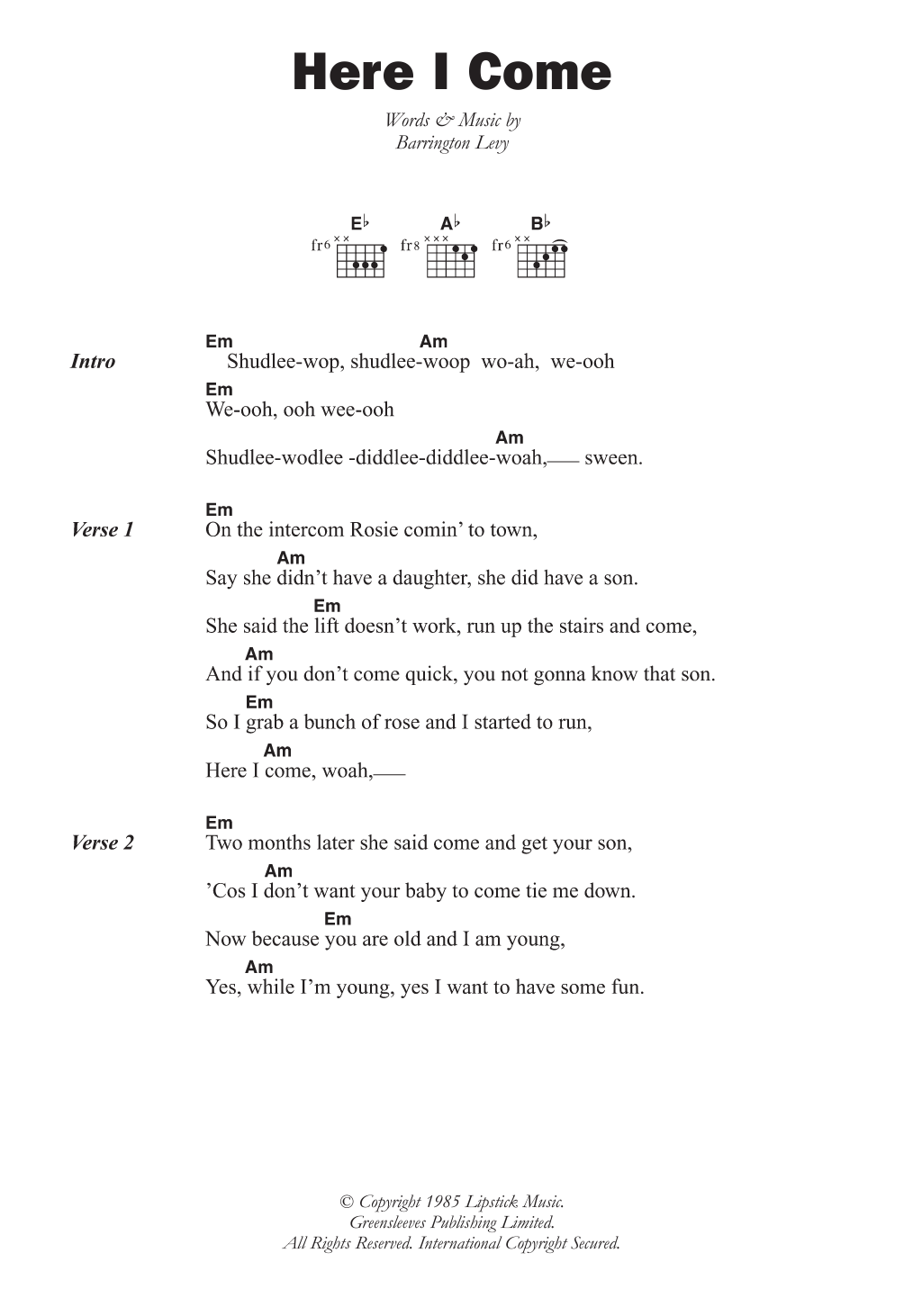 Barrington Levy Here I Come sheet music notes and chords arranged for Guitar Chords/Lyrics