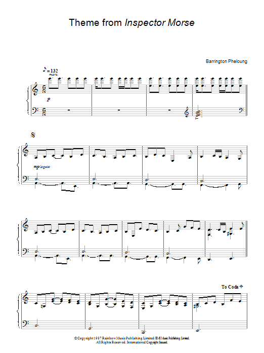 Barrington Pheloung Theme from Inspector Morse sheet music notes and chords arranged for Piano Solo
