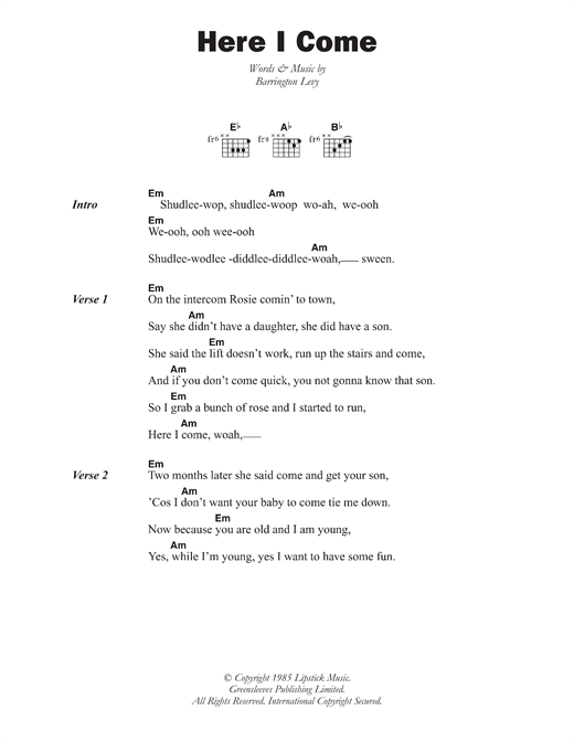 Barrington Levy Here I Come sheet music notes and chords arranged for Guitar Chords/Lyrics
