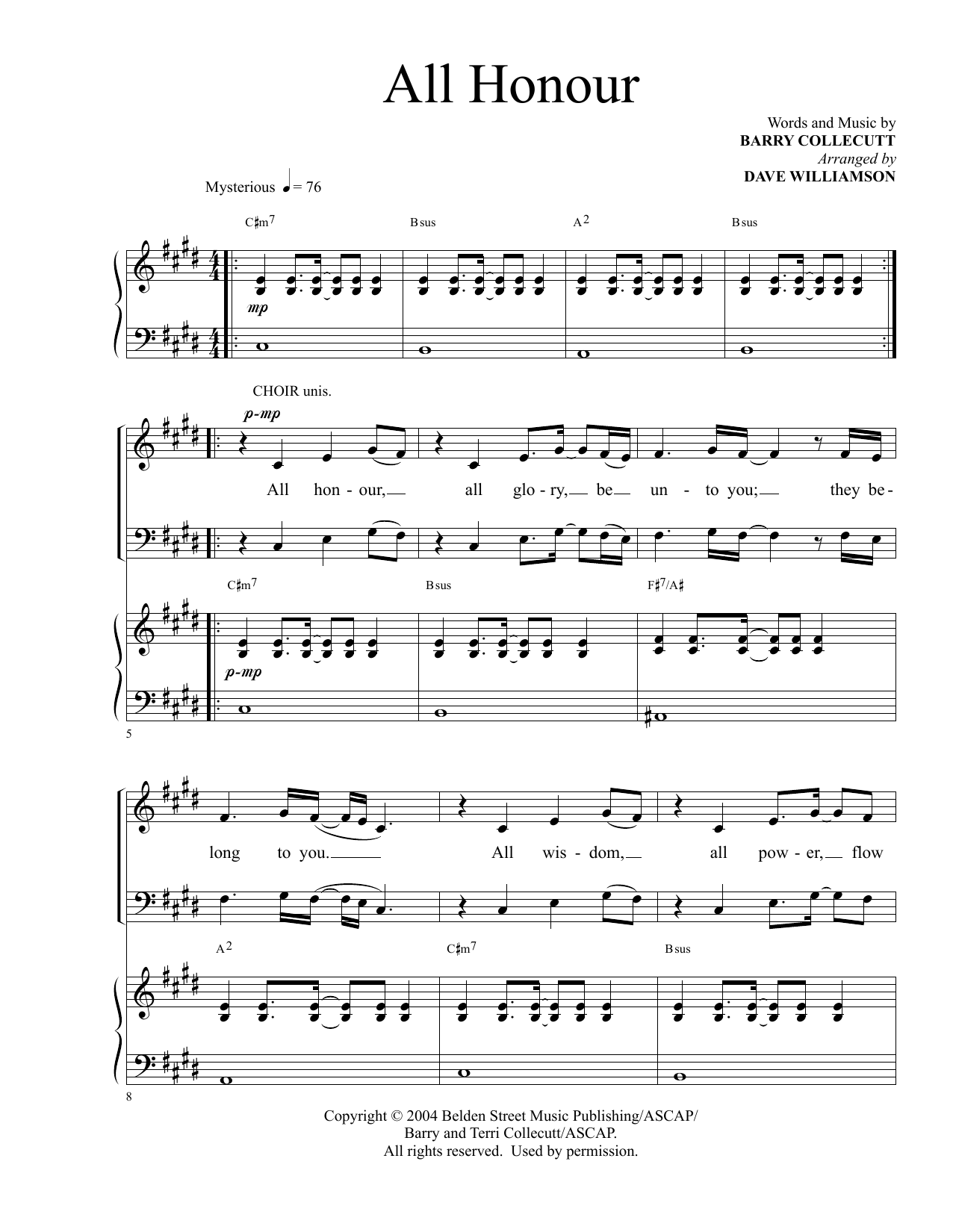 Barry & Terri Collecutt All Honour (arr. Dave Williamson) sheet music notes and chords arranged for Piano & Vocal