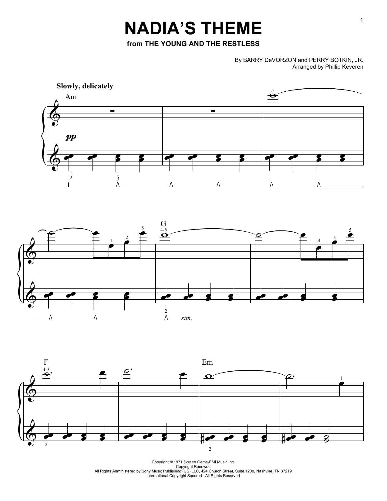 Barry DeVorzon & Perry Botkin, Jr. Nadia's Theme (arr. Phillip Keveren) sheet music notes and chords arranged for Easy Piano