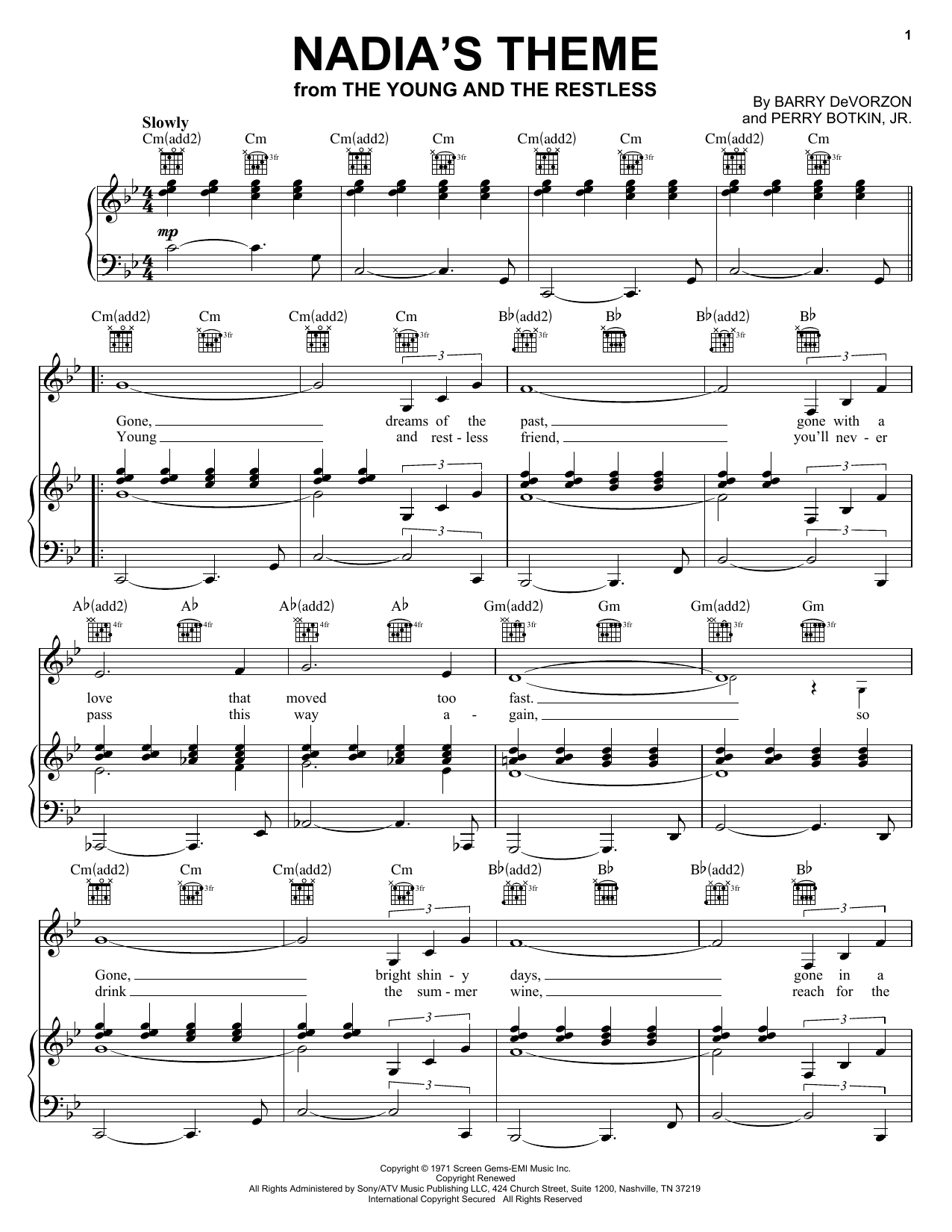 Barry DeVorzon & Perry Botkin Jr. Nadia's Theme sheet music notes and chords arranged for Piano, Vocal & Guitar Chords (Right-Hand Melody)
