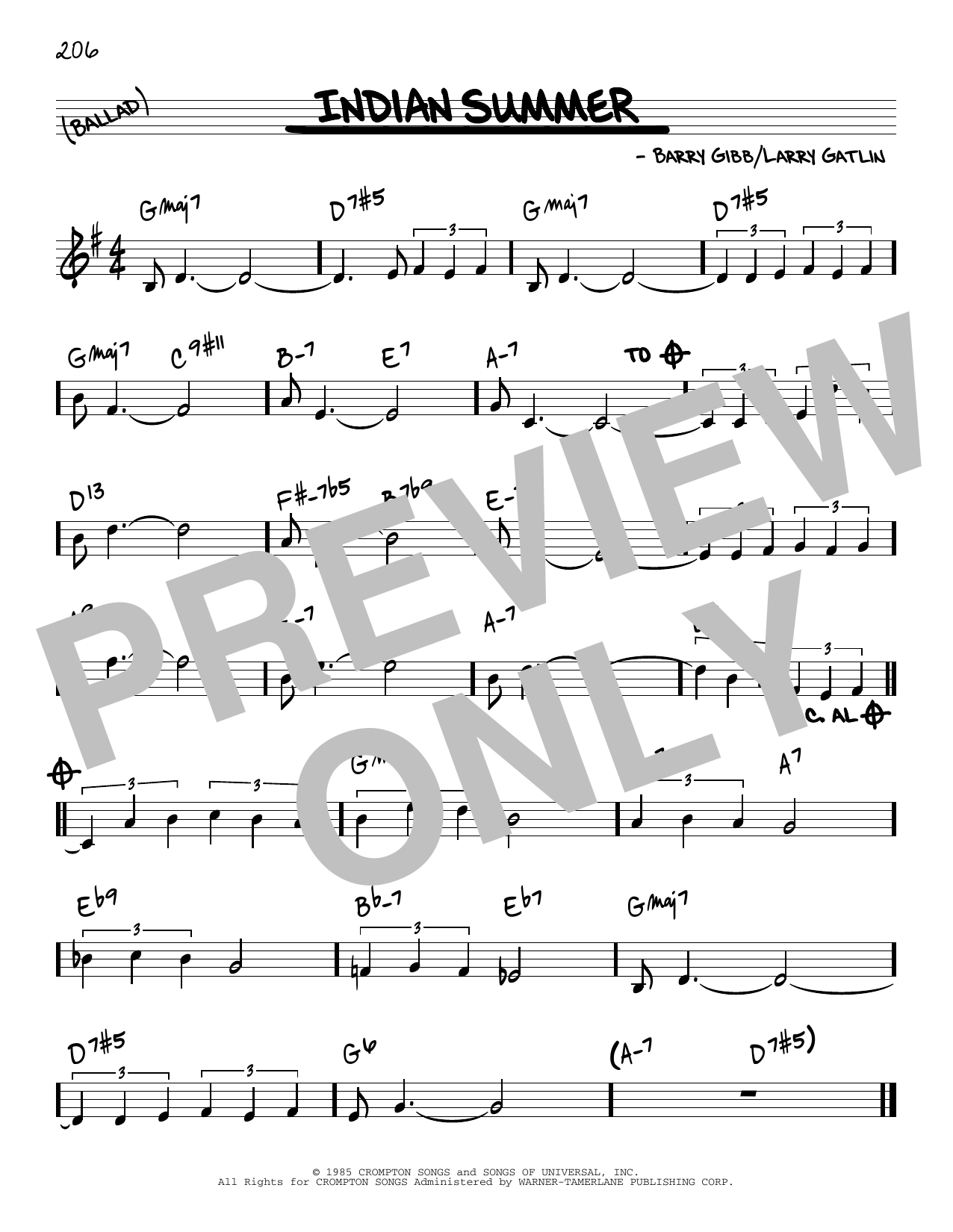Barry Gibb Indian Summer sheet music notes and chords arranged for Real Book – Melody & Chords