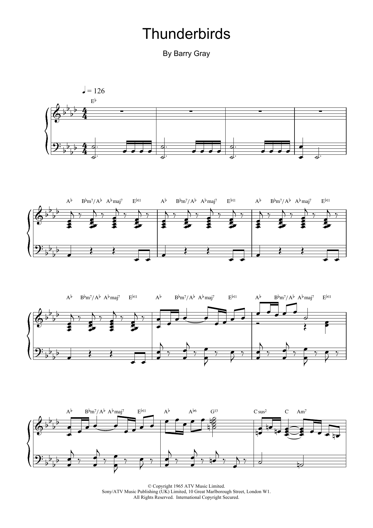 Barry Gray Thunderbirds sheet music notes and chords arranged for Piano Solo