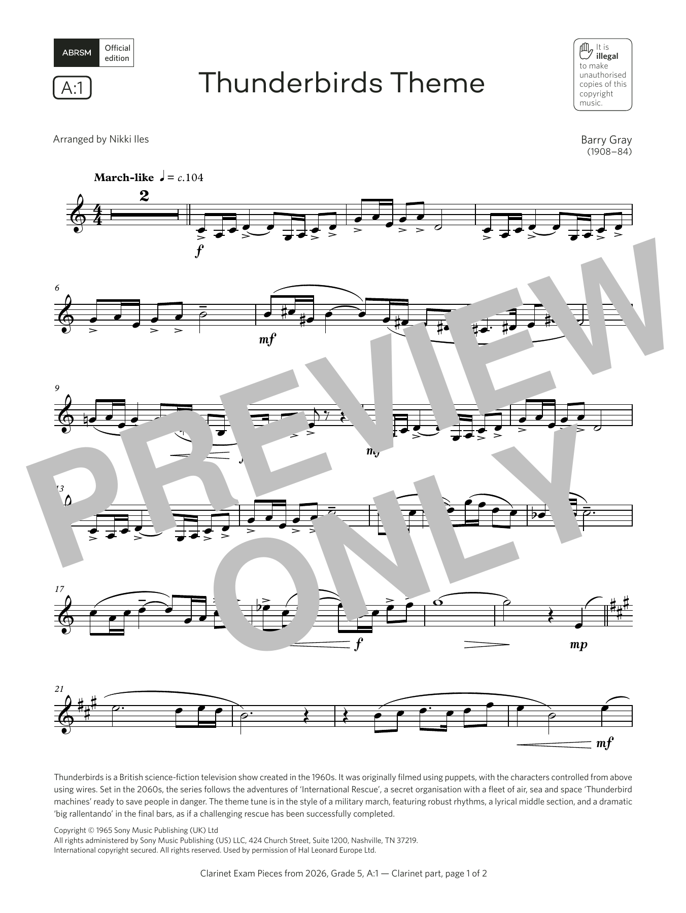 Barry Gray Thunderbirds Theme (Grade 5, list A1, from the ABRSM Clarinet Syllabus from 2026) sheet music notes and chords arranged for Clarinet Solo