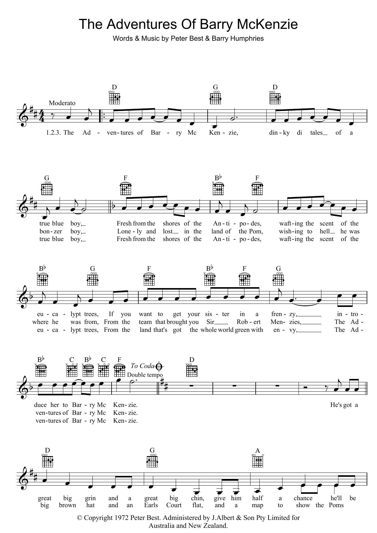Barry Humphries The Adventures Of Barry McKenzie sheet music notes and chords arranged for Lead Sheet / Fake Book