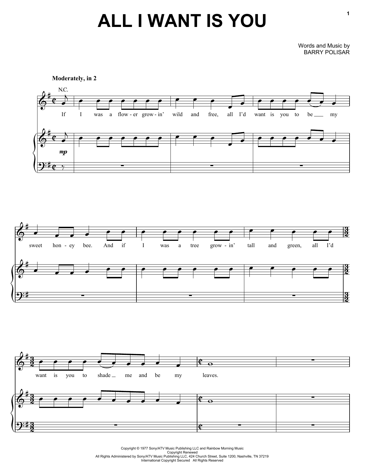 Barry Louis Polisar All I Want Is You sheet music notes and chords arranged for Super Easy Piano