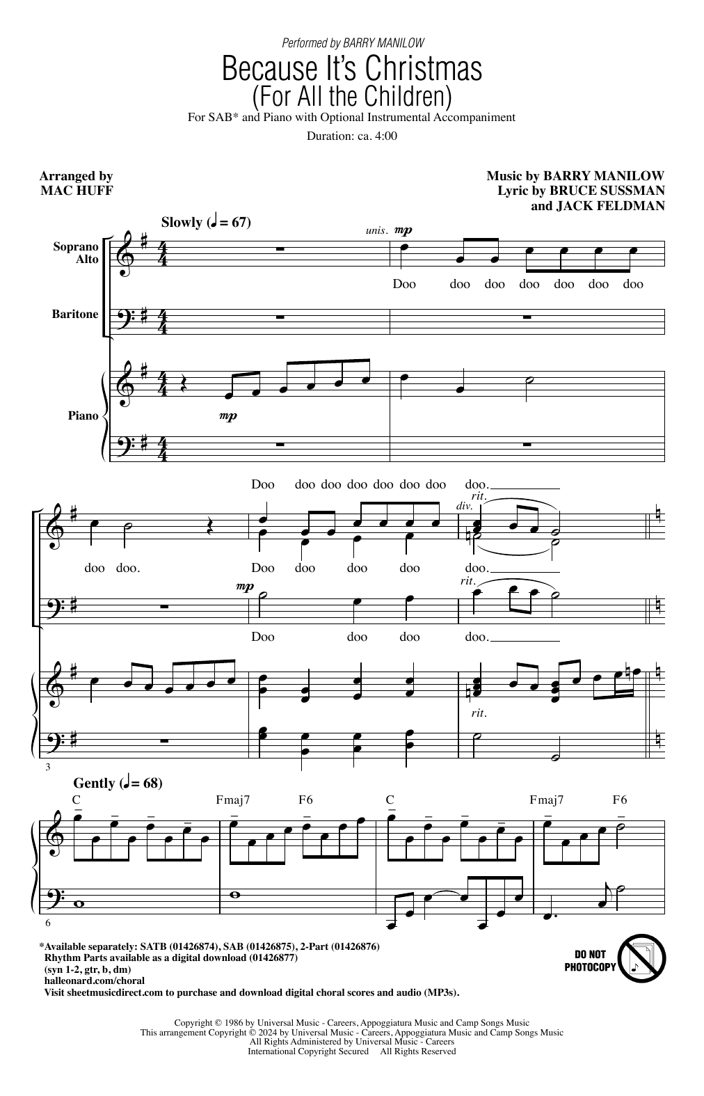 Barry Manilow Because It's Christmas (For All the Children) (arr. Mac Huff) sheet music notes and chords arranged for SAB Choir