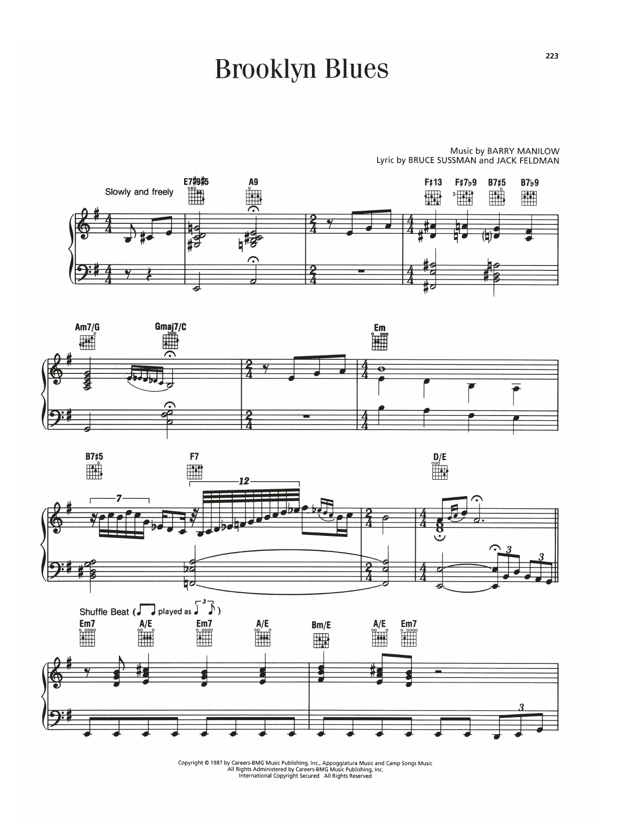 Barry Manilow Brooklyn Blues sheet music notes and chords arranged for Piano, Vocal & Guitar Chords (Right-Hand Melody)