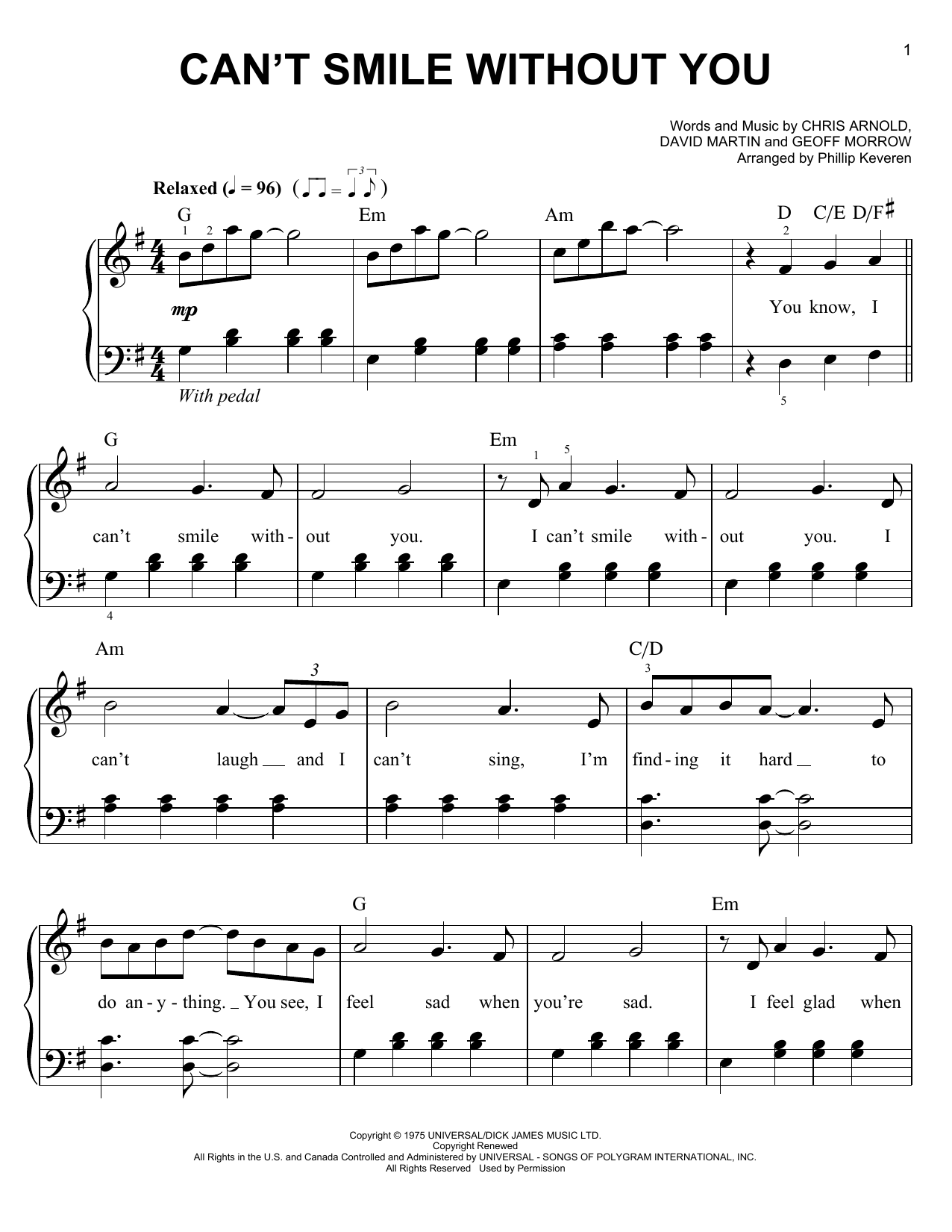 Barry Manilow Can't Smile Without You (arr. Phillip Keveren) sheet music notes and chords arranged for Easy Piano