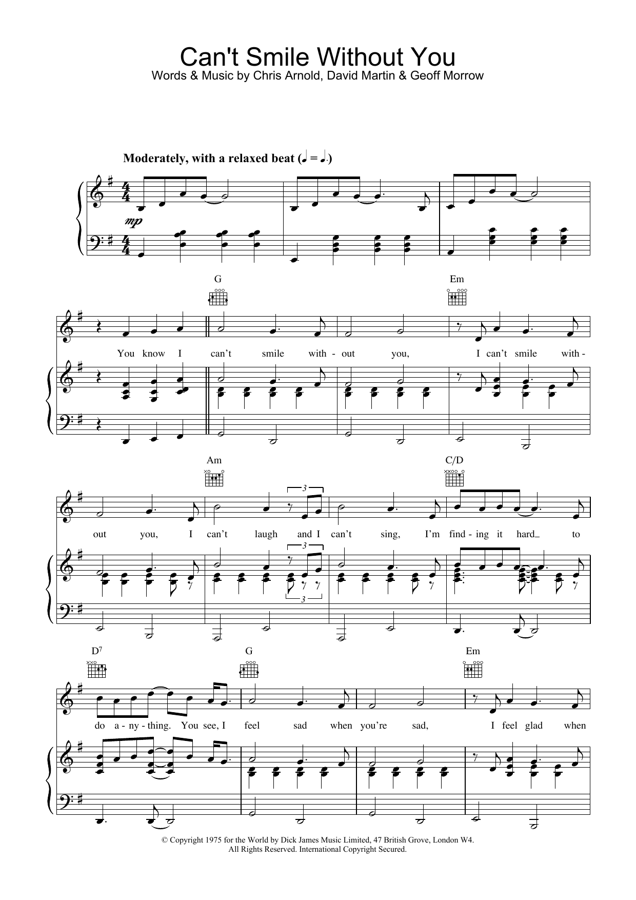 Barry Manilow Can't Smile Without You sheet music notes and chords arranged for Ukulele