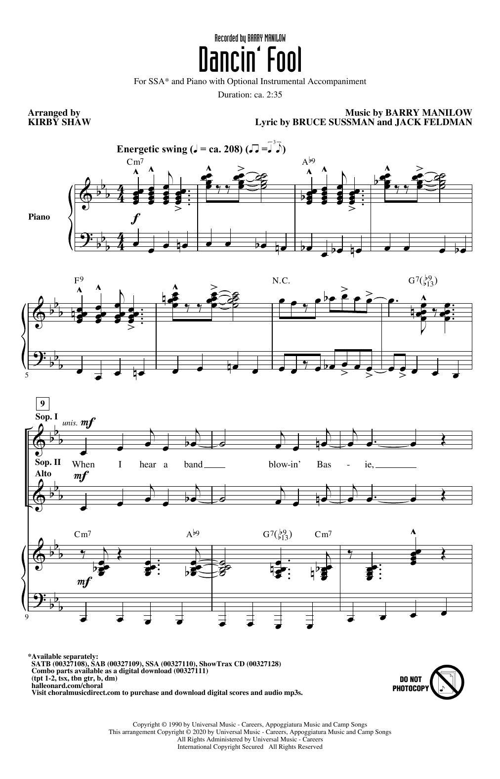 Barry Manilow Dancin' Fool (arr. Kirby Shaw) sheet music notes and chords arranged for SSA Choir