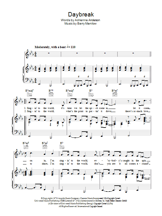 Barry Manilow Daybreak sheet music notes and chords arranged for Piano, Vocal & Guitar Chords (Right-Hand Melody)