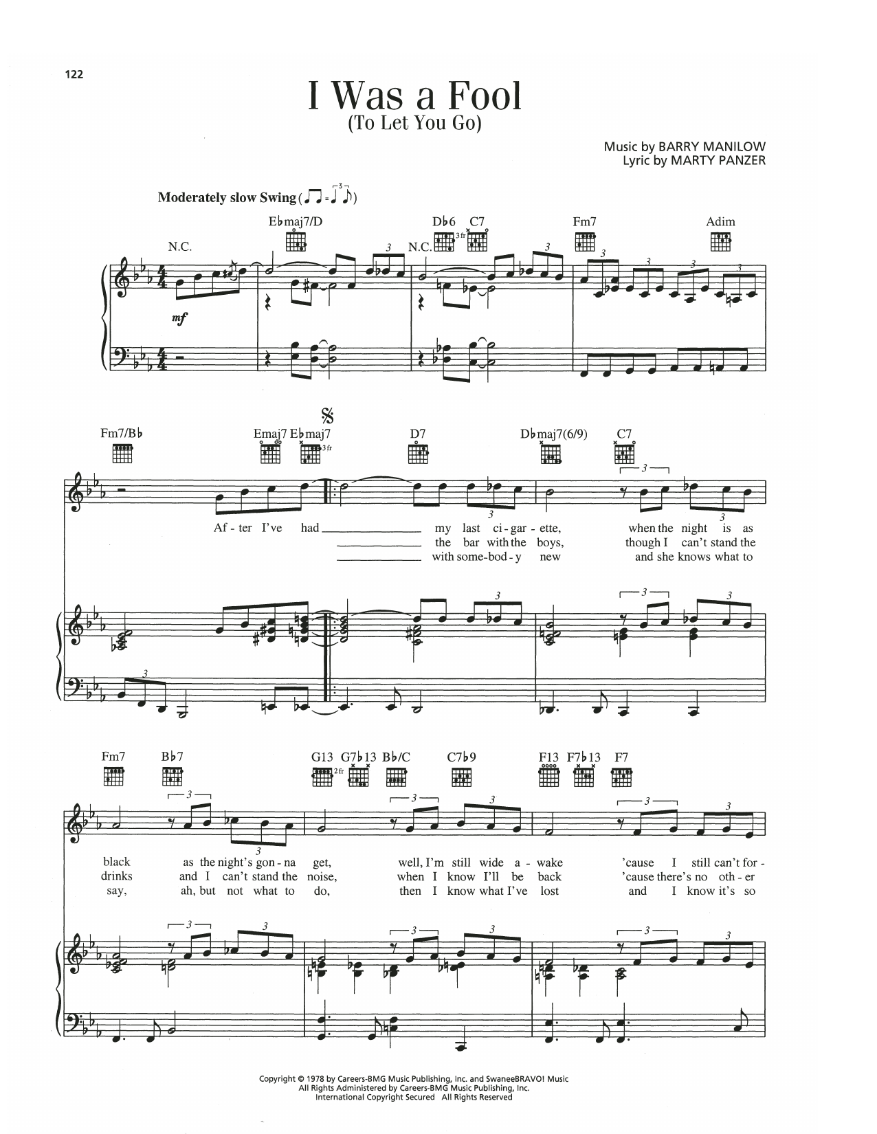 Barry Manilow I Was A Fool To Let You Go sheet music notes and chords arranged for Piano, Vocal & Guitar Chords (Right-Hand Melody)
