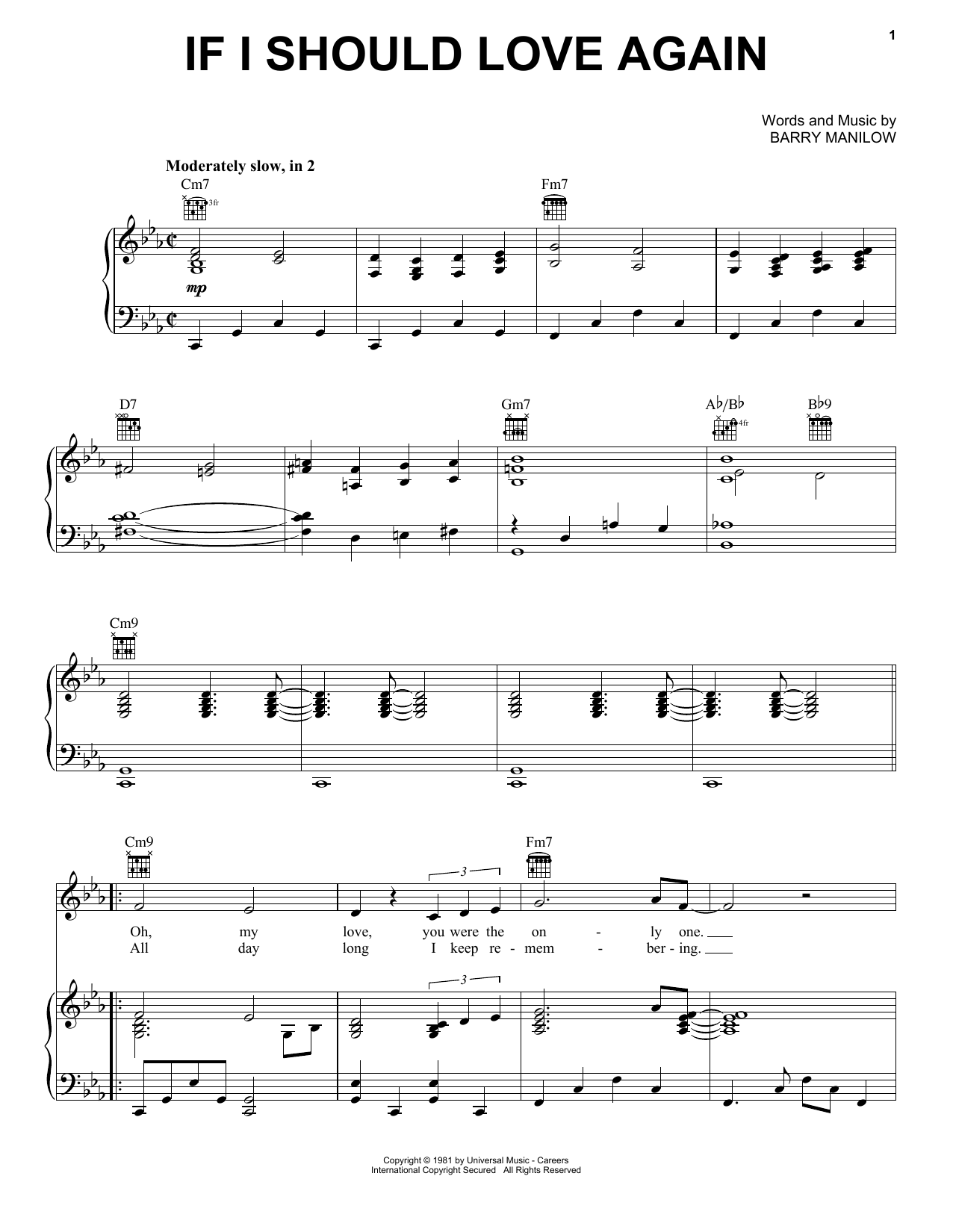 Barry Manilow If I Should Love Again sheet music notes and chords arranged for Piano, Vocal & Guitar Chords (Right-Hand Melody)