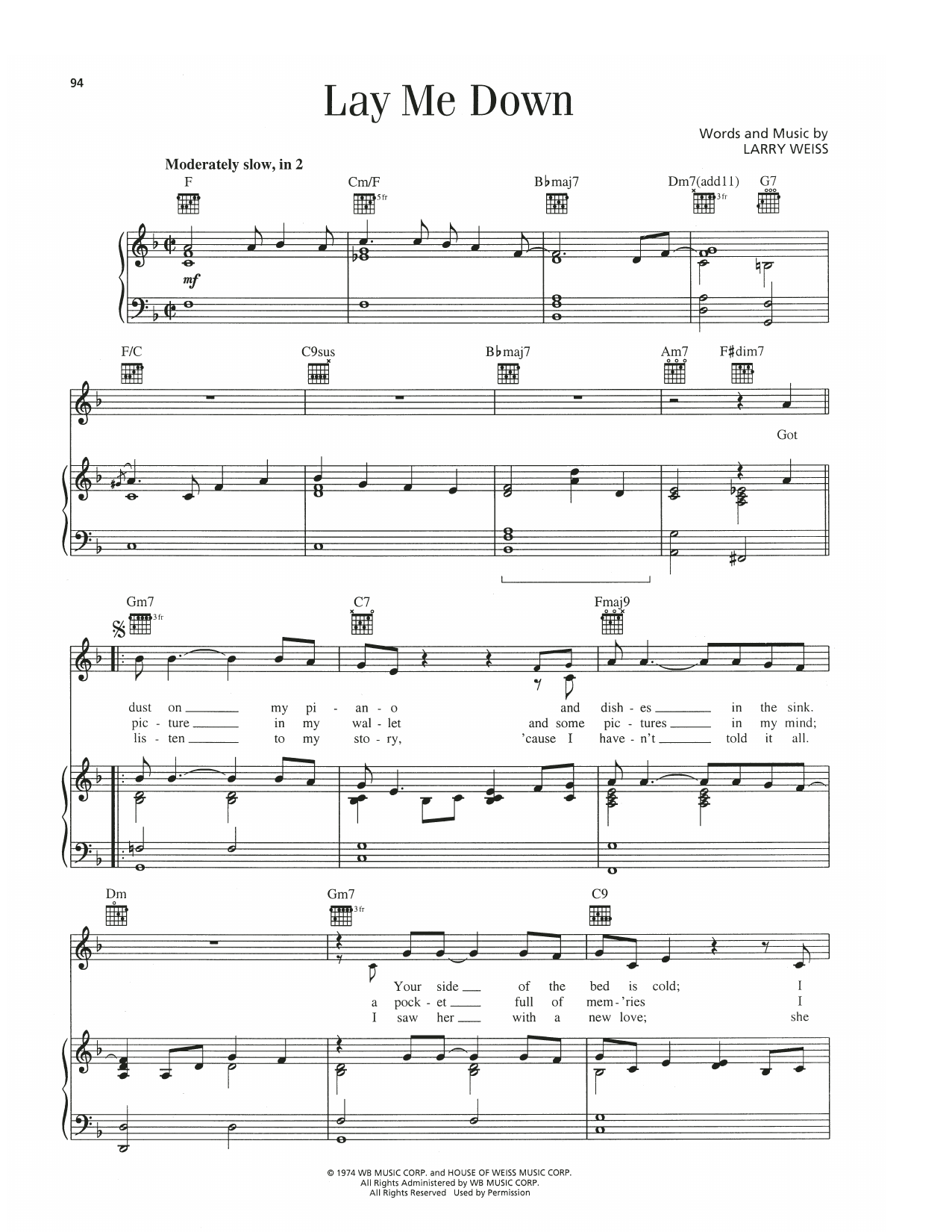Barry Manilow Lay Me Down sheet music notes and chords arranged for Piano, Vocal & Guitar Chords (Right-Hand Melody)