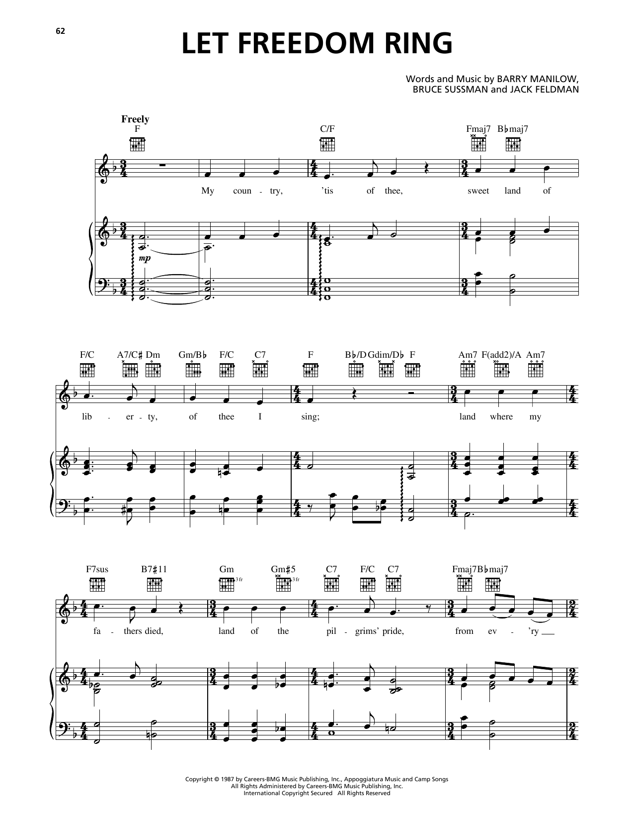 Barry Manilow Let Freedom Ring sheet music notes and chords arranged for Piano, Vocal & Guitar Chords (Right-Hand Melody)