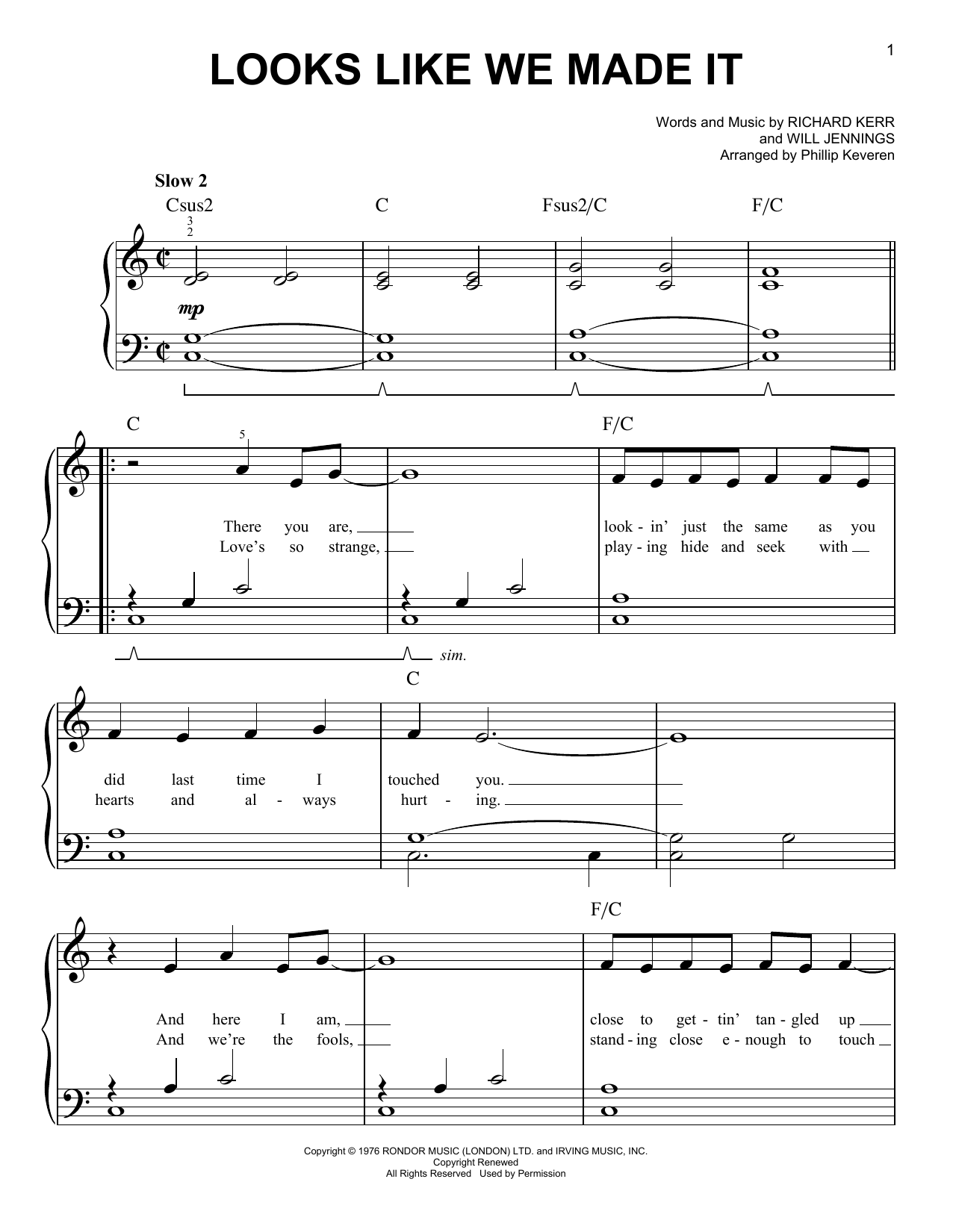 Barry Manilow Looks Like We Made It (arr. Phillip Keveren) sheet music notes and chords arranged for Easy Piano