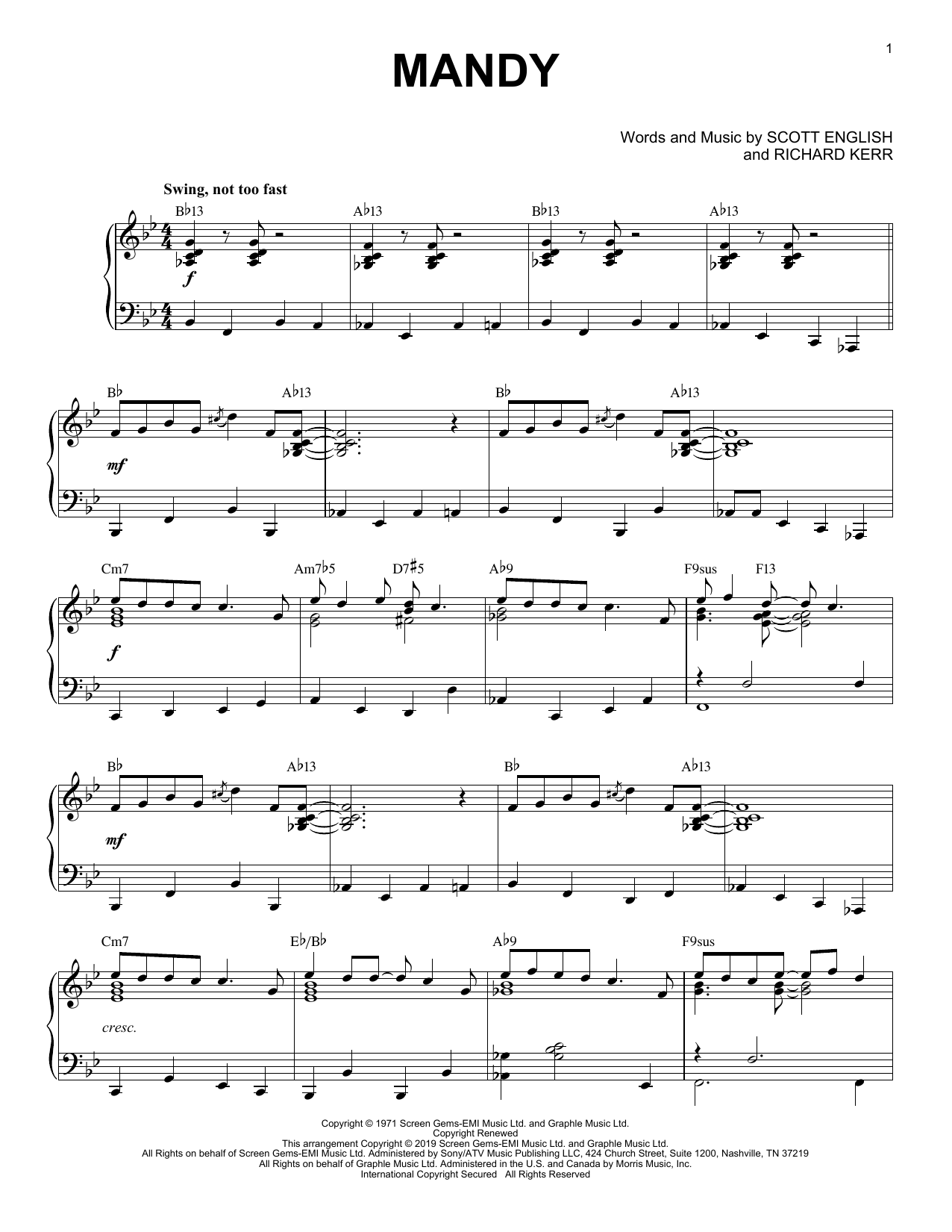 Barry Manilow Mandy [Jazz version] sheet music notes and chords arranged for Piano Solo