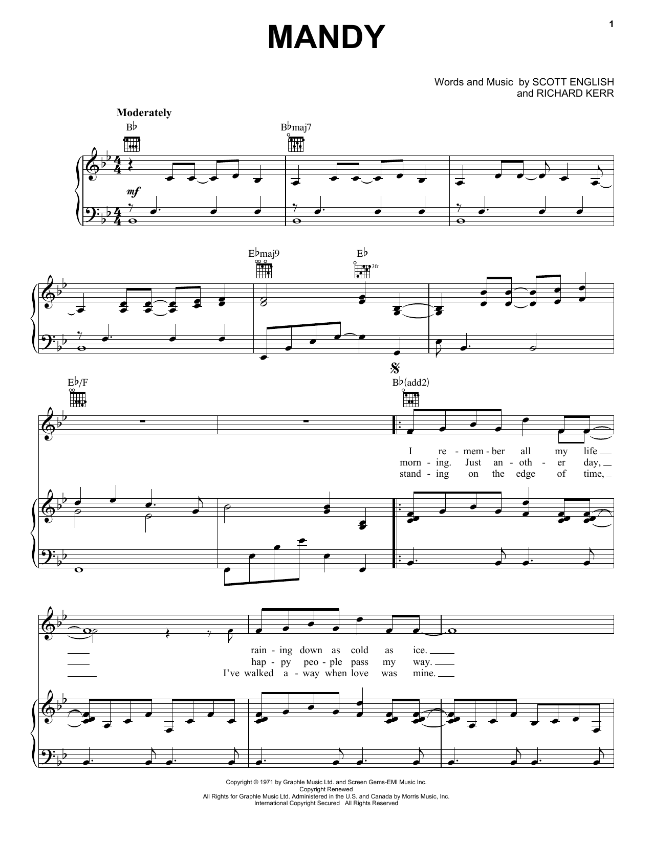 Barry Manilow Mandy sheet music notes and chords arranged for Cello Solo