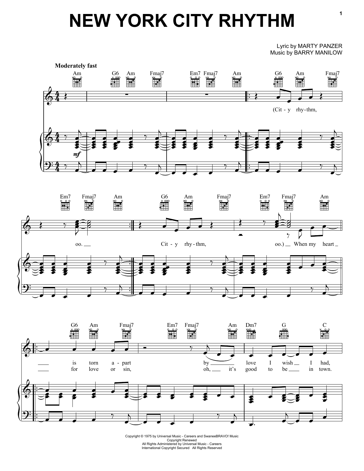 Barry Manilow New York City Rhythm sheet music notes and chords arranged for Piano, Vocal & Guitar Chords (Right-Hand Melody)