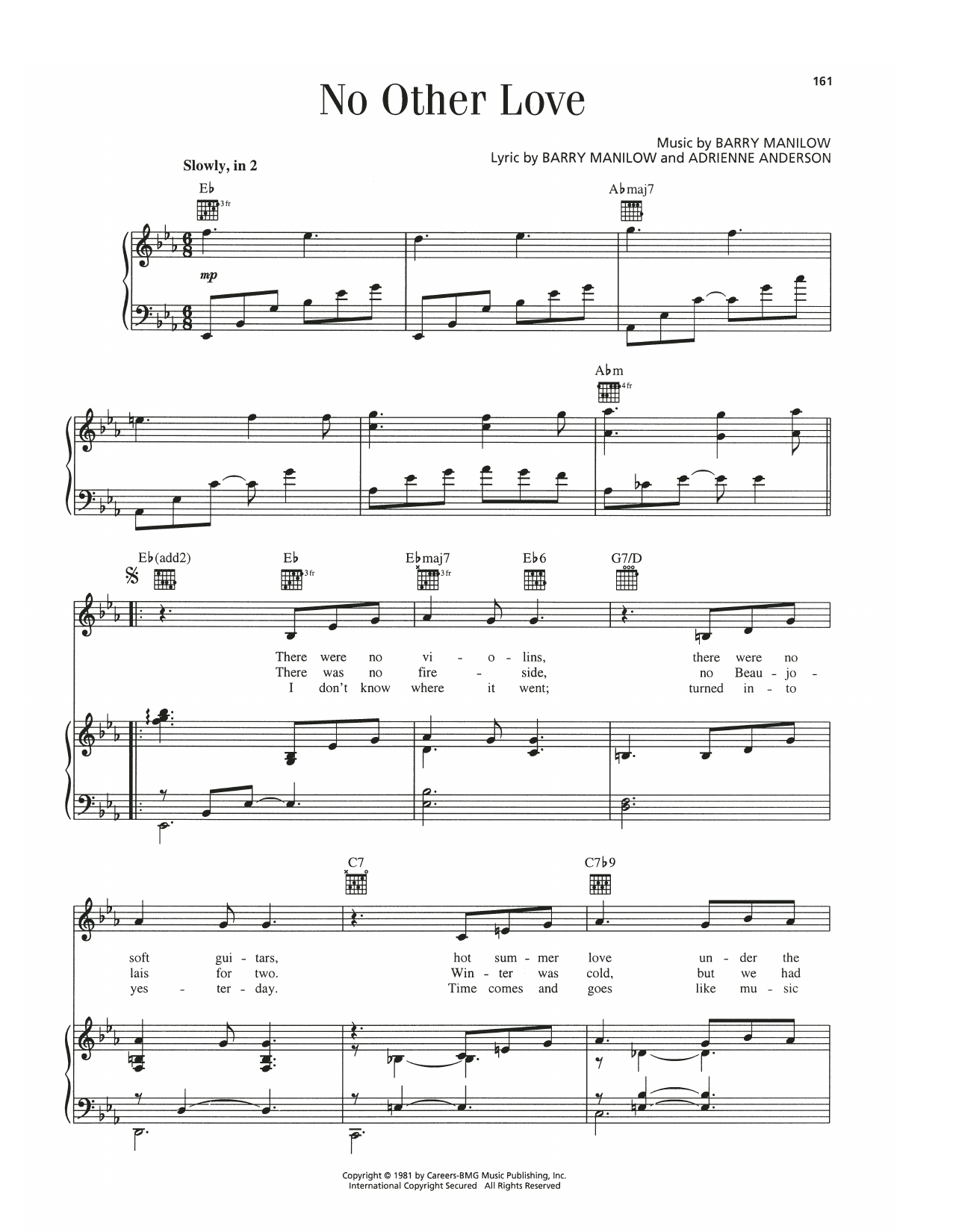 Barry Manilow No Other Love sheet music notes and chords arranged for Piano, Vocal & Guitar Chords (Right-Hand Melody)