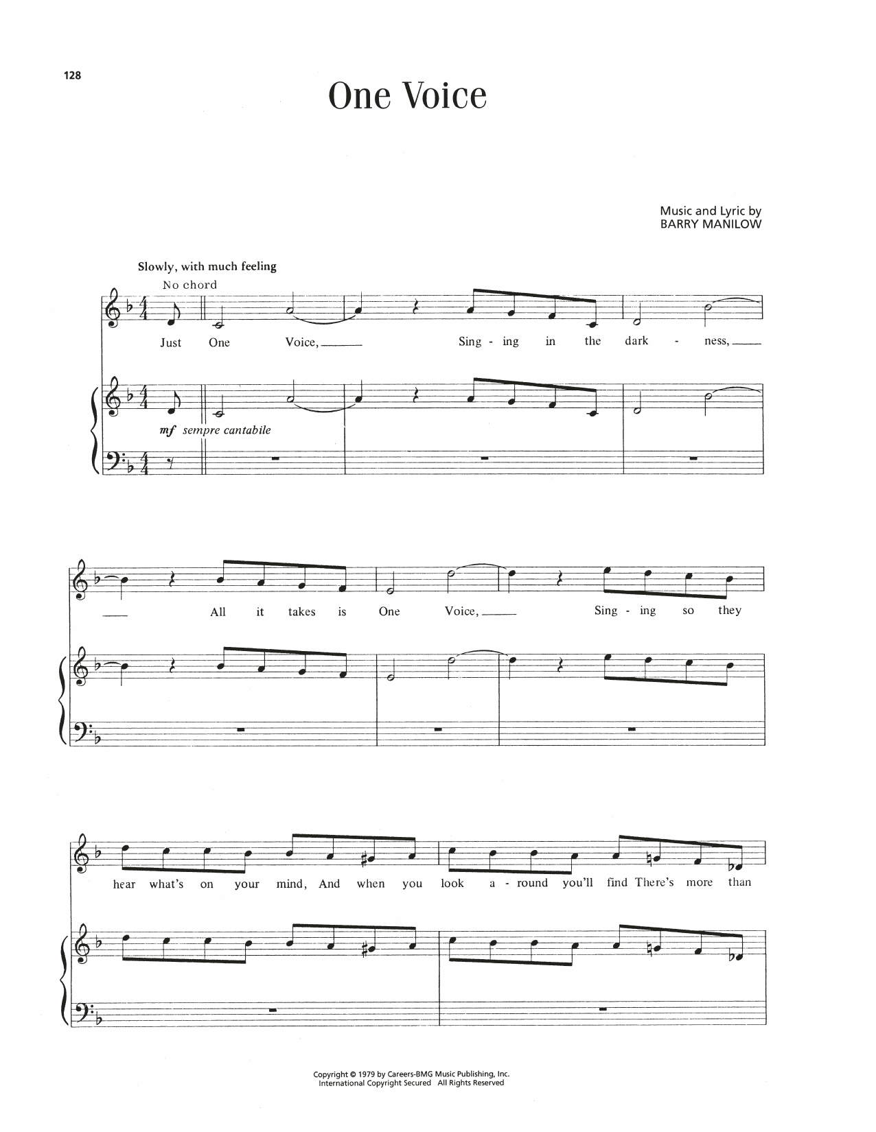 Barry Manilow One Voice sheet music notes and chords arranged for Piano, Vocal & Guitar Chords (Right-Hand Melody)