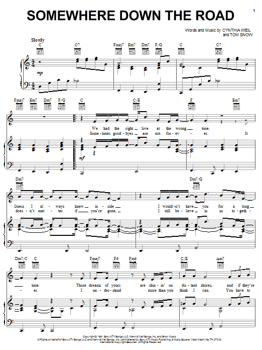 Barry Manilow Somewhere Down The Road sheet music notes and chords arranged for Piano, Vocal & Guitar Chords (Right-Hand Melody)