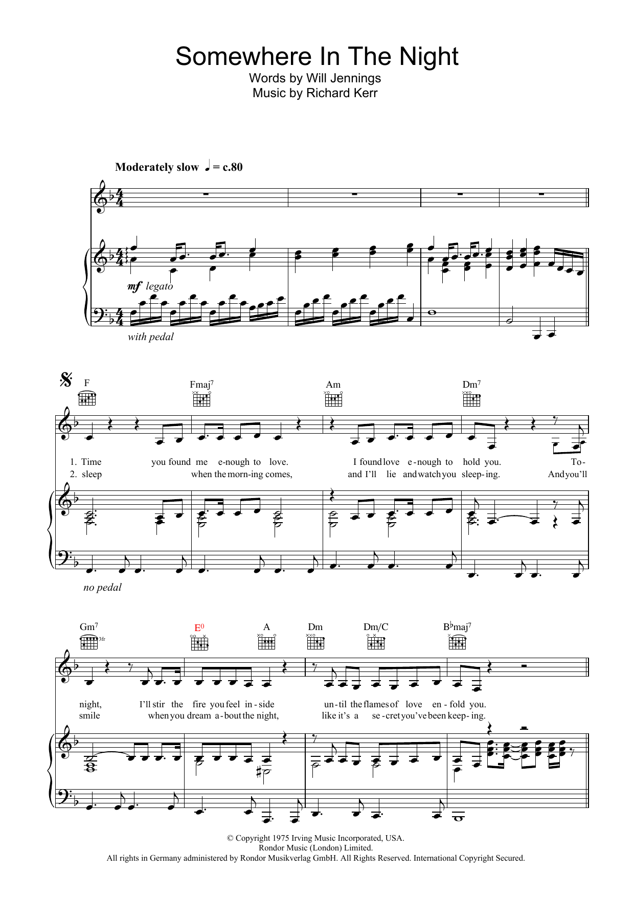 Barry Manilow Somewhere In The Night sheet music notes and chords arranged for Piano, Vocal & Guitar Chords (Right-Hand Melody)