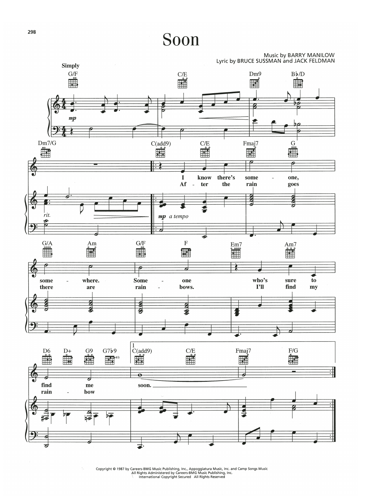 Barry Manilow Soon (from Thumbelina) sheet music notes and chords arranged for Piano, Vocal & Guitar Chords (Right-Hand Melody)