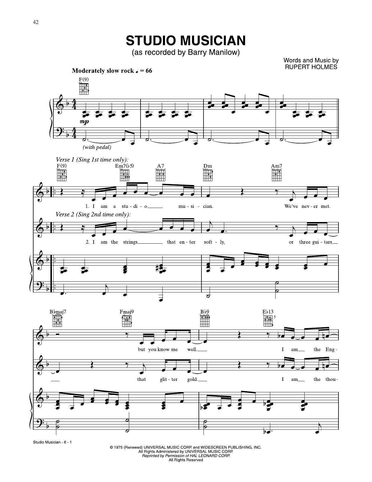 Barry Manilow Studio Musician sheet music notes and chords arranged for Piano, Vocal & Guitar Chords (Right-Hand Melody)