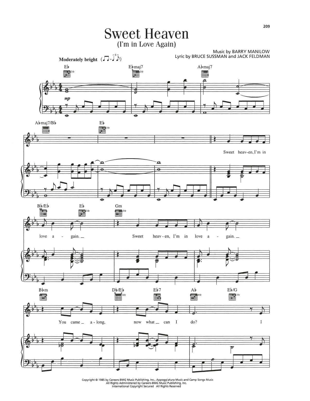 Barry Manilow Sweet Heaven (I'm In Love Again) sheet music notes and chords arranged for Piano, Vocal & Guitar Chords (Right-Hand Melody)