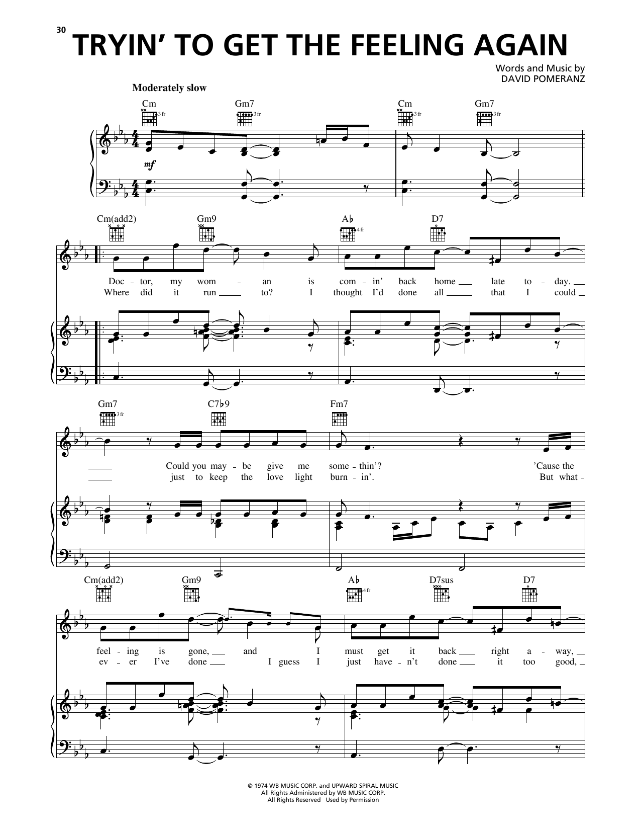 Barry Manilow Tryin' To Get The Feeling Again sheet music notes and chords arranged for Piano, Vocal & Guitar Chords (Right-Hand Melody)