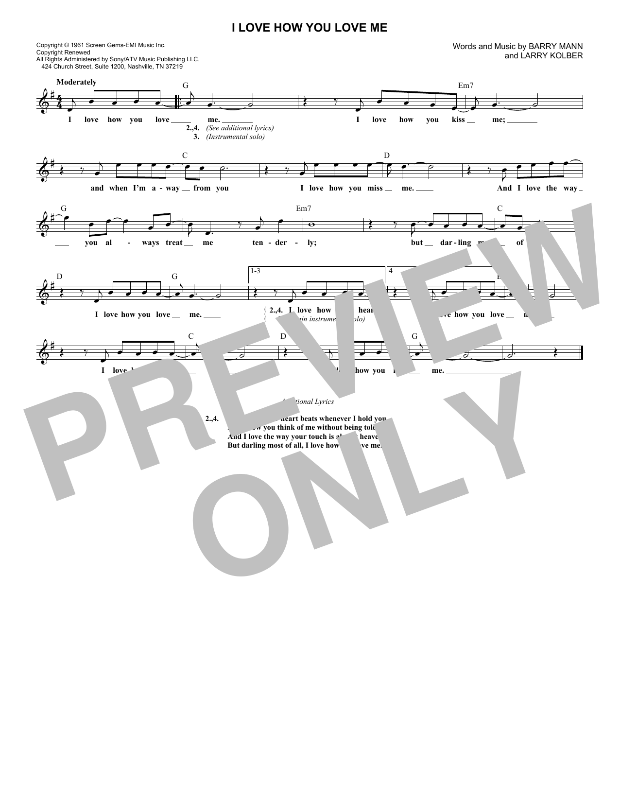 Barry Mann I Love How You Love Me sheet music notes and chords arranged for Lead Sheet / Fake Book