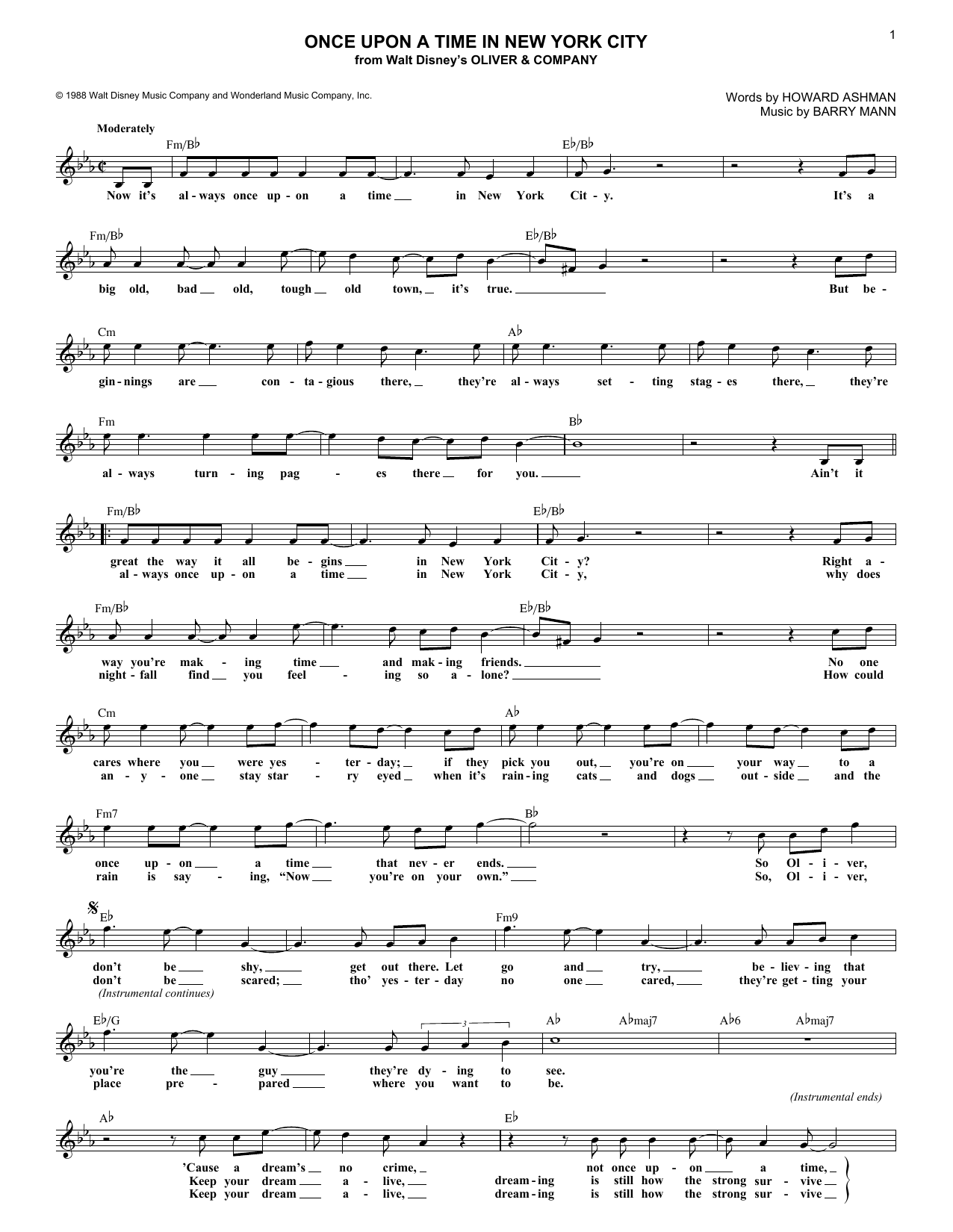 Barry Mann Once Upon A Time In New York City sheet music notes and chords arranged for Lead Sheet / Fake Book